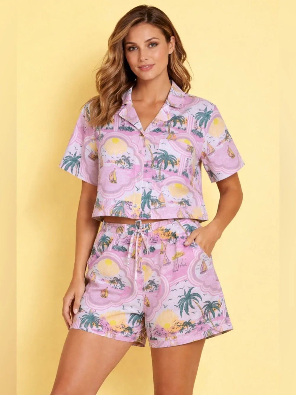 Tropical Print Matching Set Crop Top & Shorts Pink Palm Tree Lounge Set Size M/L